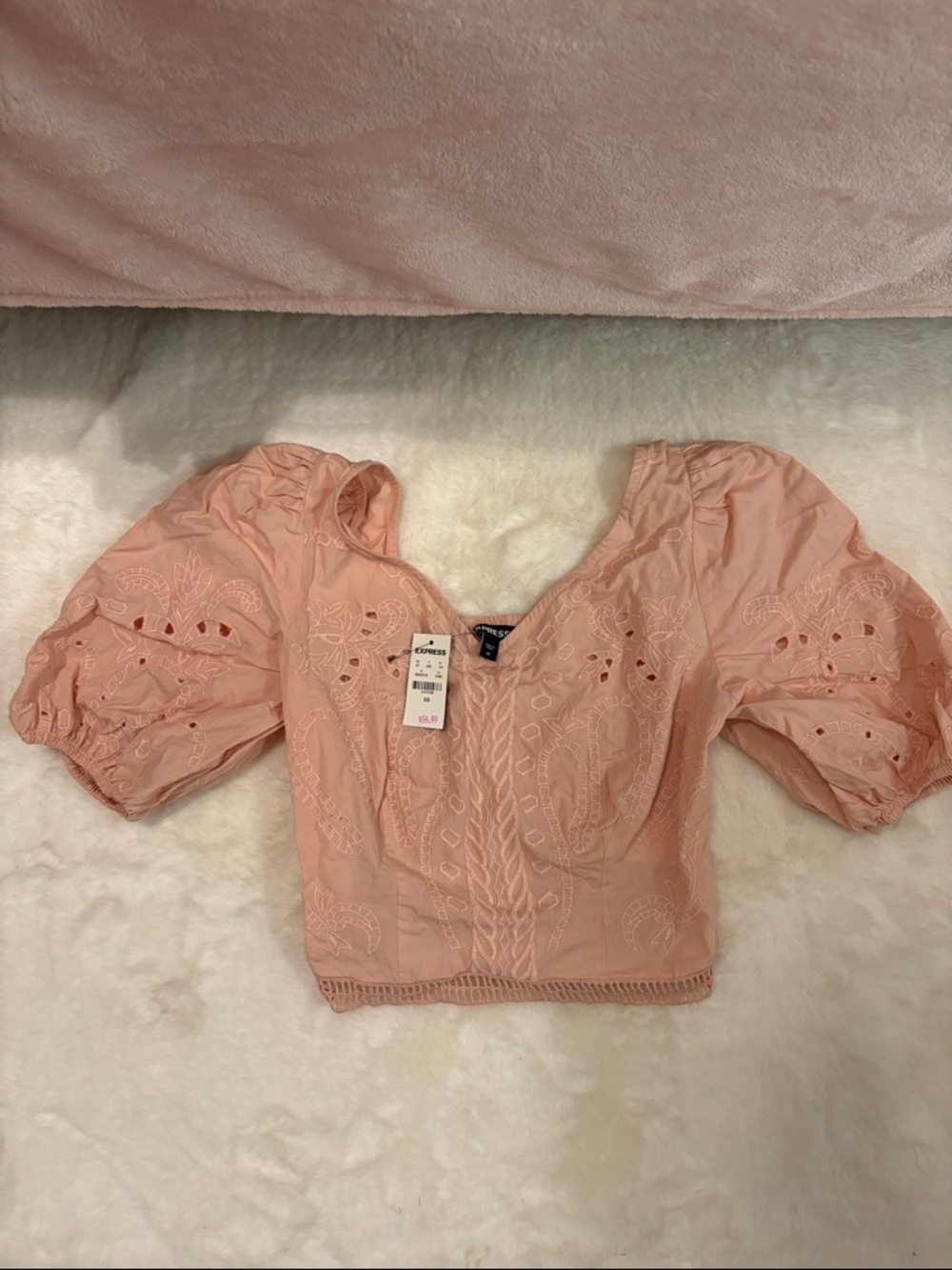 Express Peach Embroidered Puff-Sleeve Crop Top
